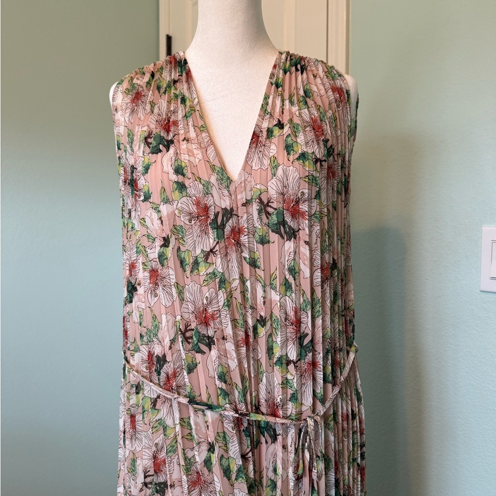 Max Studio Pleated Floral Midi Dress - Pink and Green
